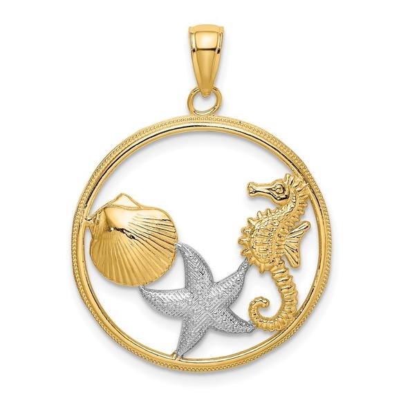 10K Gold w/Rhodium Scallop, Starfish ,Seahorse Circle Charm